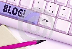 Handwriting text writing Blog. Concept meaning regularly updated website web page run by individual or group White pc