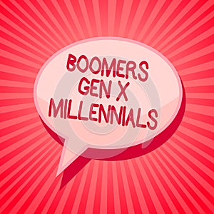 Handwriting text writing Boomers Gen X Millennials. Concept meaning generally considered to be about thirty years Pink speech bubb