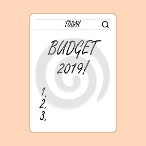 Handwriting text writing Budget 2019. Concept meaning estimate of income and expenditure for current year Search Bar