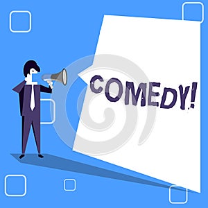 Handwriting text writing Comedy. Concept meaning Fun Humor Satire Sitcom Hilarity Joking Entertainment Laughing