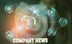 Handwriting text writing Company News. Concept meaning provides news and feature articles about the company status Woman