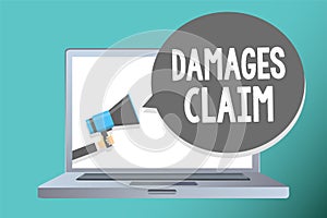 Handwriting text writing Damages Claim. Concept meaning Demand Compensation Litigate Insurance File Suit Man holding megaphone lou