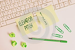 Handwriting text writing Elevator Pitch. Concept meaning the elevator statement is a short description of an idea Square green