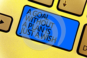 Handwriting text writing A Goal Without A Plan Is Just A Wish. Concept meaning Make strategies to reach objectives Keyboard blue k