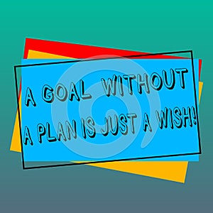 Handwriting text writing A Goal Without A Plan Is Just A Wish. Concept meaning Make strategies to reach objectives Pile