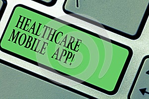 Handwriting text writing Healthcare Mobile App. Concept meaning Application program that offer healthrelated services