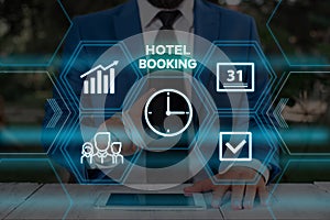 Handwriting text writing Hotel Booking. Concept meaning Online Reservations Presidential Suite De Luxe Hospitality Male photo