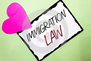 Handwriting text writing Immigration Law. Concept meaning National Regulations for immigrants Deportation rules written on White S