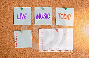 Handwriting text writing Live Music. Concept meaning performance given by one or more singers or instrumentalists Corkboard color photo