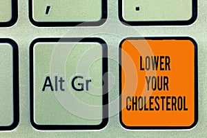 Handwriting text writing Lower Your Cholesterol. Concept meaning Reduce the intake of fatty foods Do regular exercise