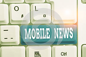 Handwriting text writing Mobile News. Concept meaning the delivery and creation of news using mobile devices White pc