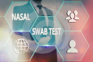 Handwriting text writing Nasal Swab Test. Concept meaning diagnosing an upper respiratory tract infection through nasal