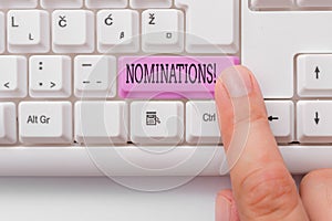 Handwriting text writing Nominations. Concept meaning action of nominating or state being nominated for prize White pc