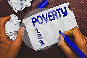 Handwriting text writing Poverty. Concept meaning State of being extremely poor Homeless In need Not enough money Man