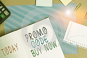 Handwriting text writing Promo Code Buy Now. Concept meaning Giving great discount by entering special words Striped