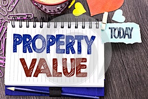 Handwriting text writing Property Value. Concept meaning Estimate of Worth Real Estate Residential Valuation written on Notebook B