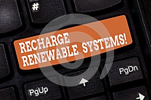 Handwriting text writing Recharge Renewable Systems. Concept meaning Clean and sustainable energy and nonpolluting photo