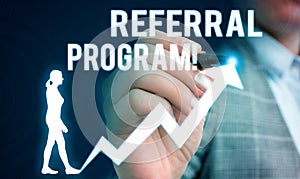 Handwriting text writing Referral Program. Concept meaning internal recruitment method employed by organizations Female