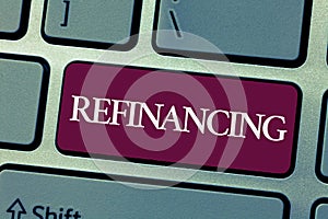 Handwriting text writing Refinancing. Concept meaning Finance again with new loans at a lower rate of interest