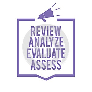 Handwriting text writing Review Analyze Evaluate Assess. Concept meaning Evaluation of performance feedback process Megaphone loud photo