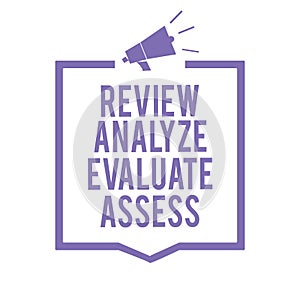 Handwriting text writing Review Analyze Evaluate Assess. Concept meaning Evaluation of performance feedback process Megaphone loud