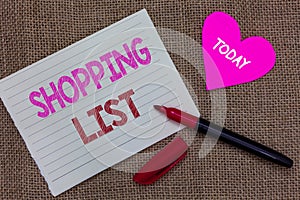 Handwriting text writing Shopping List. Concept meaning Discipline approach to shopping Basic Items to Buy Piece notebook paper he