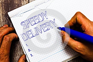 Handwriting text writing Speedy Delivery. Concept meaning provide products in fast way or same day shipping overseas