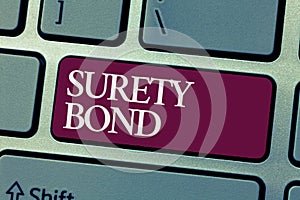 Handwriting text writing Surety Bond. Concept meaning Formal legally enforceable contract between three parties