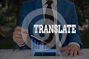 Handwriting text writing Translate. Concept meaning Another word with same equivalent meaning of a target language Male photo