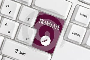 Handwriting text writing Translate. Concept meaning Another word with same equivalent meaning of a target language White photo