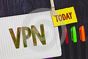 Handwriting text writing Vpn. Concept meaning Secured virtual private network across confidential domain protected Papers marker p