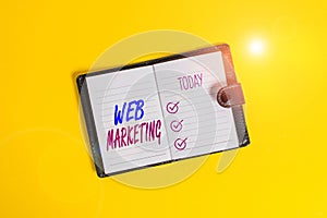 Handwriting text writing Web Marketing. Concept meaning The process of using the Internet to market the business Dark leather