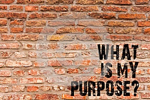Handwriting text writing What Is My Purposequestion. Concept meaning Direction Importance Discernment Reflection Brick