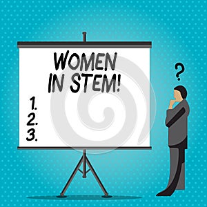 Handwriting text writing Women In Stem. Concept meaning Science Technology Engineering Mathematics Scientist Research.