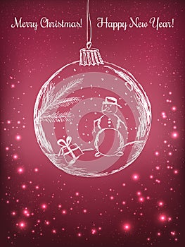 Handwriting Xmas ball with snowman for Merry Christmas celebration on purple background with light, stars. Vector eps