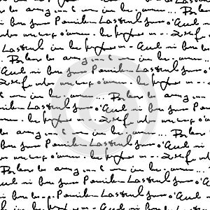 Handwritten abstract text seamless pattern, vector monochrome script background