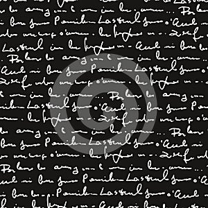 Handwritten abstract text seamless pattern, vector monochrome script background