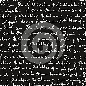 Handwritten abstract text seamless pattern, vector monochrome script background