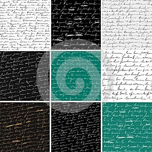 Handwritten abstract text seamless patterns set, school university blackboards, some text with mistakes and misprints