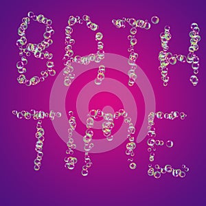 Handwritten "Bath Time" text with colorful soap bubbles on purple background