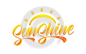 Handwritten brush stroke yellow acrylic paint lettering of Sunshine with Sun. Summer modern calligraphy