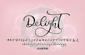 Handwritten brush style modern calligraphy cursive font with flourishes. Calligraphy alphabet. Cute calligraphy letters