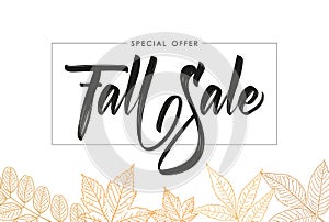 Handwritten brush type lettering of Fall Sale in frame on foliage background. Discount special offer