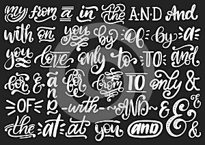 Handwritten catchwords and ampersands vector set.Calligraphy collection of conjunctions,prepositions on black background