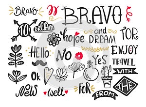 Handwritten catchwords and collection of different conjunctions, prepositions vector set