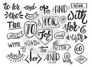 Handwritten catchwords and collection of different conjunctions, prepositions vector set