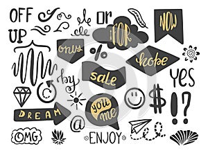 Handwritten catchwords and collection of different conjunctions, prepositions vector set