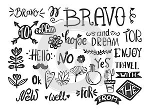 Handwritten catchwords and collection of different conjunctions, prepositions vector set