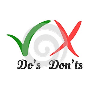 Handwritten Do and Dont check tick mark and red cross checkbox icons lettering design isolated on white background.