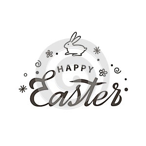 Handwritten Happy Easter with Easter Bunny in retro style. flat vector illustration